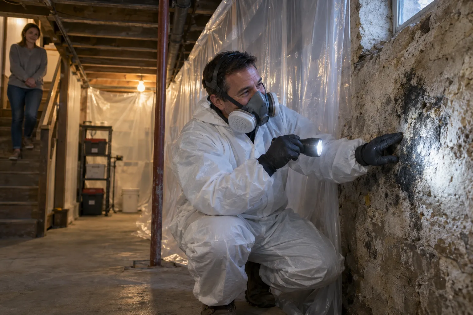 Friendly mold removal provider inspecting a basement wall in an older home in the Alexandria area