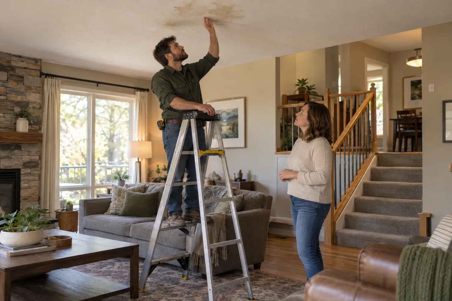 Provider checking a ceiling stain in a house in the Alexandria area