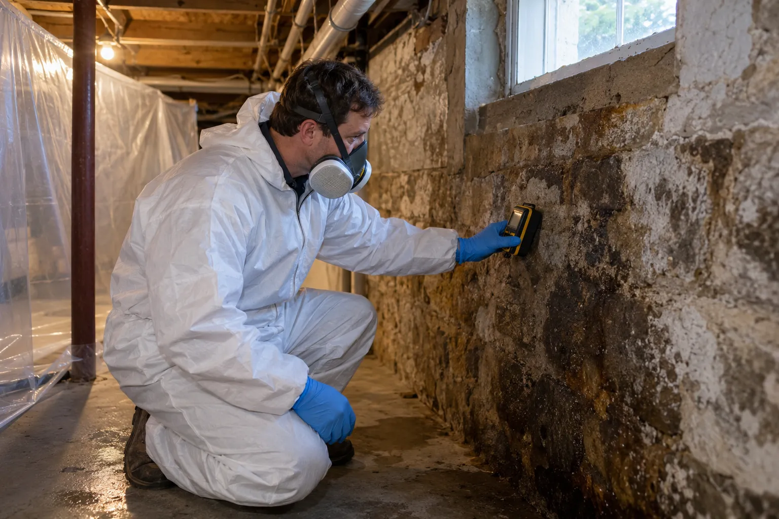 A local mold remediation provider checking a basement wall in an older Alexandria home